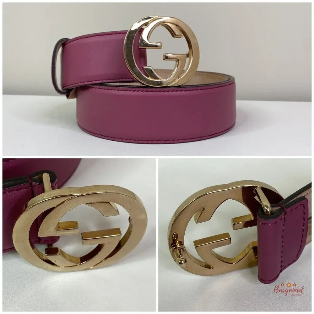 Authentic Gucci Pink Calfskin Leather Gold Interlocking G Buckle Belt 85/34 - Picture 5 of 12